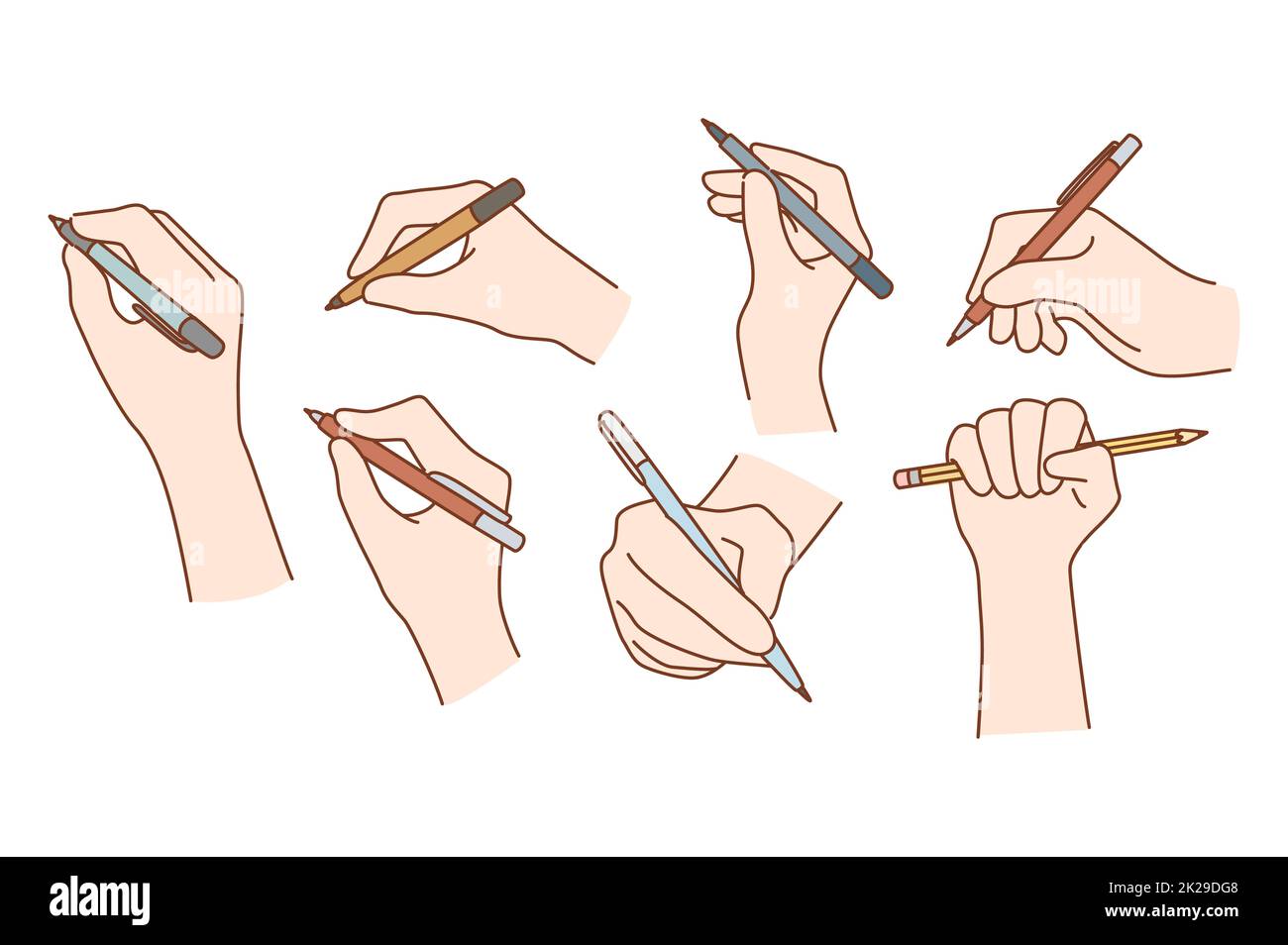 Set of hands with pens or pencils writing Stock Photo