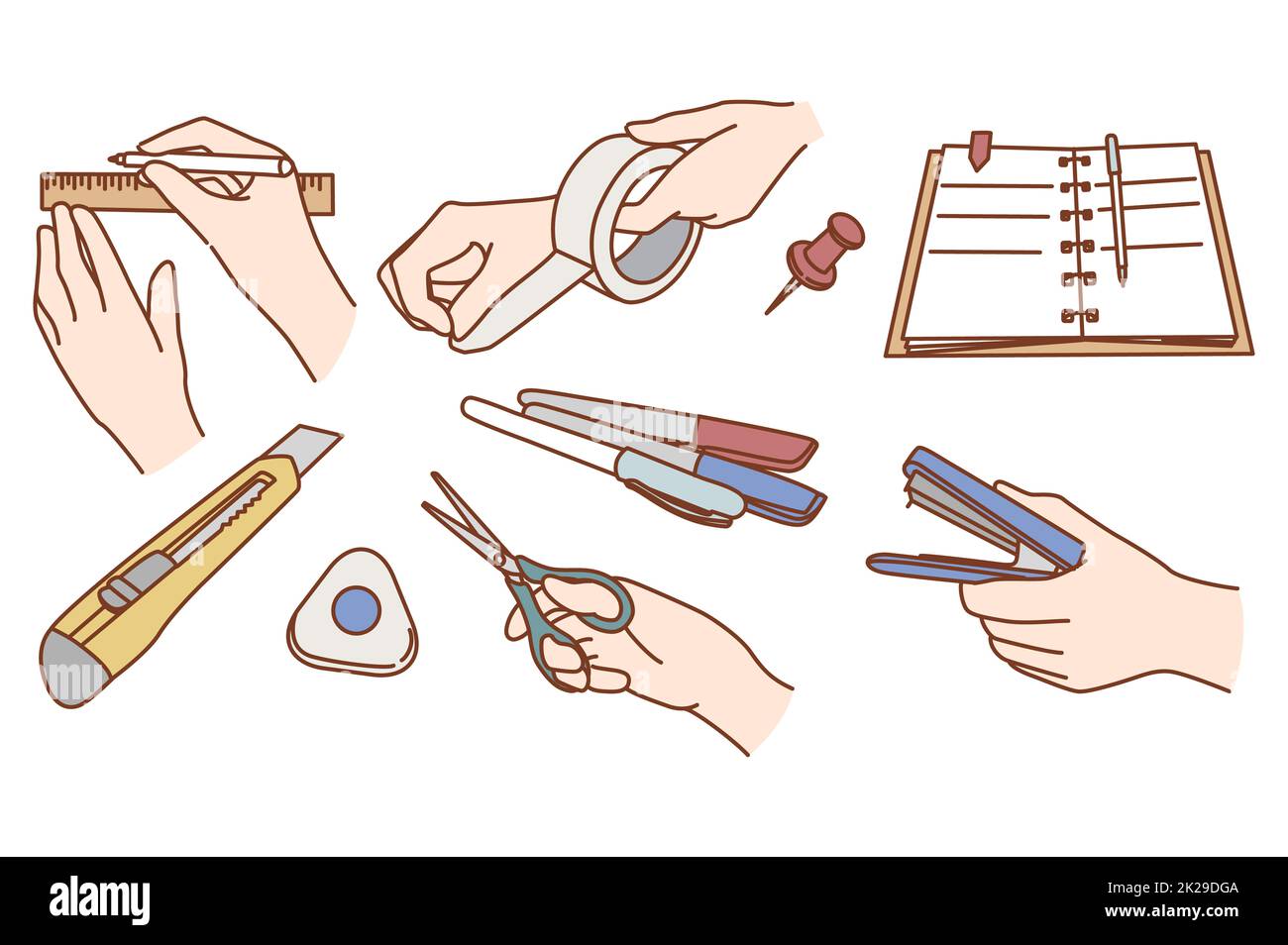 Set of person with office supplies or stationery Stock Photo