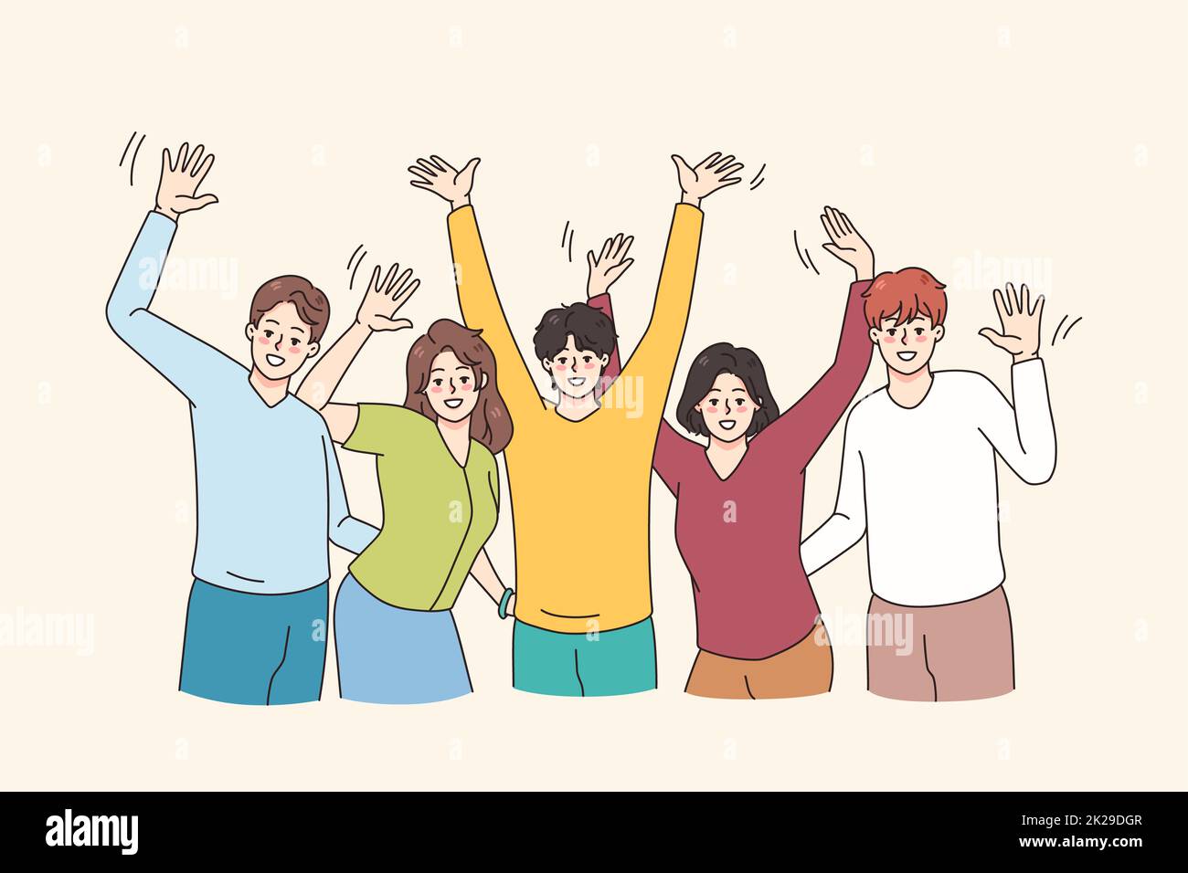 Happy young people raise hands have fun together Stock Photo