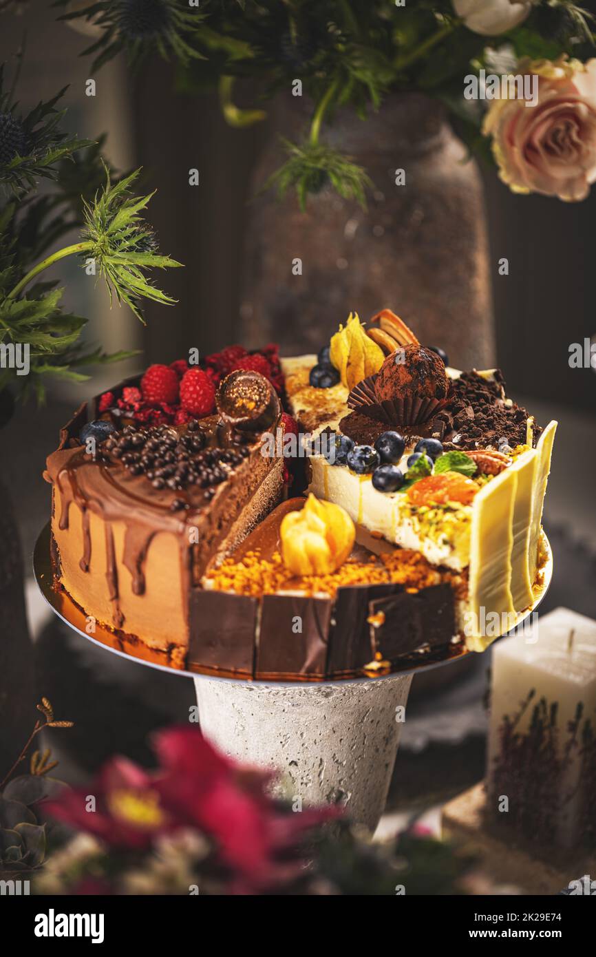 Assorted six different types of slice of cake Stock Photo