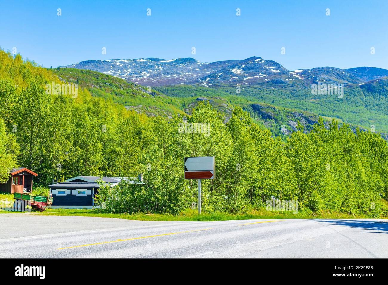 Blank empty road signs for hiking trails Hemsedal Norway. Stock Photo