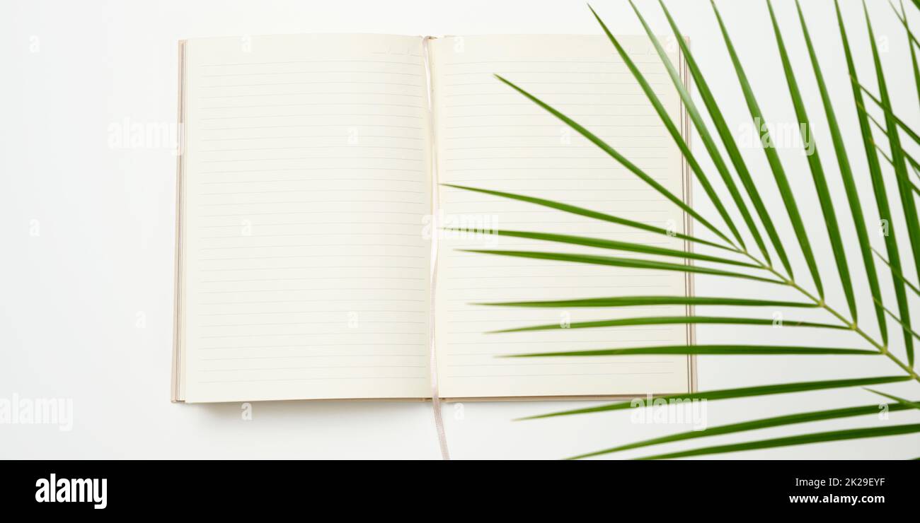 open notebook with blank white sheets on a white background Stock Photo