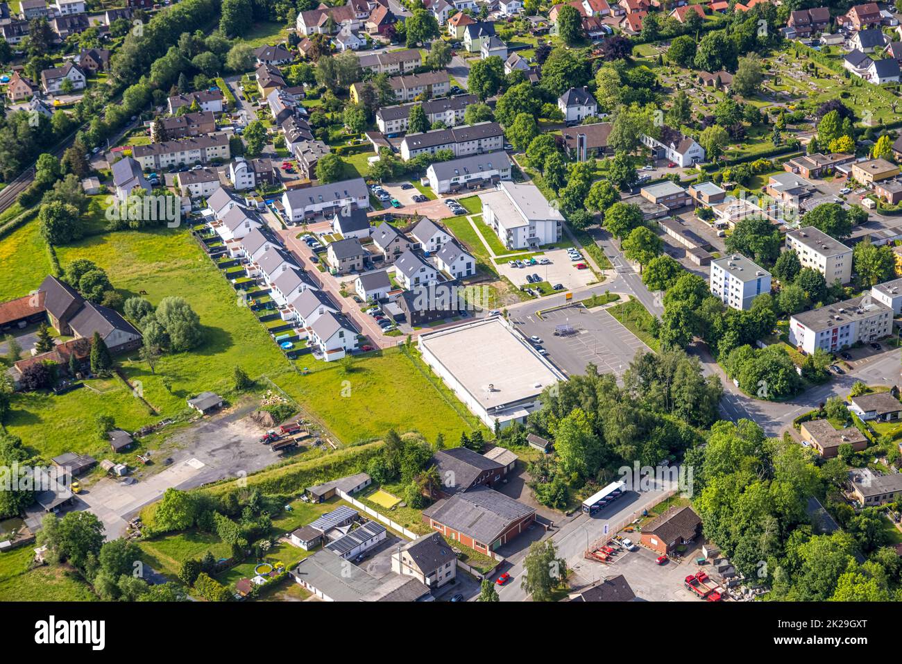 Aerial view, town view Pelkum with new housing estate, Weetfelder