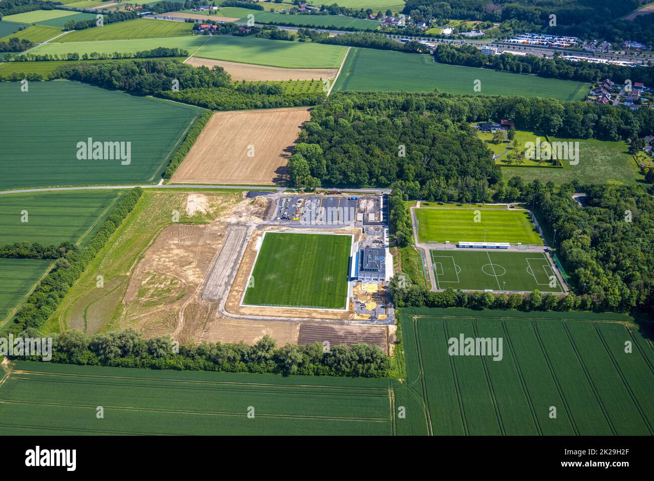 Aerial view, construction site and new building Westfalia Sportpark, sports field and club center Westfalia Rhynern with integrated sports day care ce Stock Photo