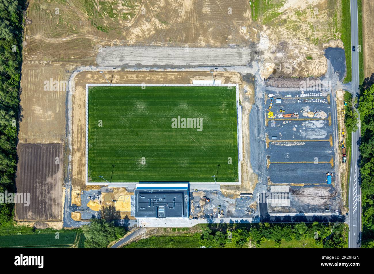 Aerial view, construction site and new building Westfalia Sportpark, sports field and club center Westfalia Rhynern with integrated sports day care ce Stock Photo