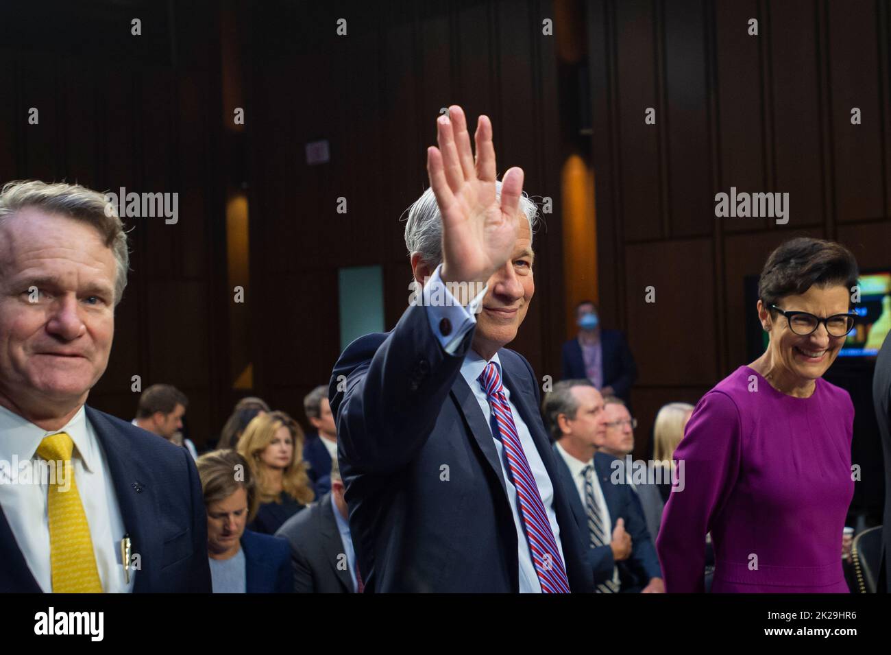 Jamie Dimon, Chairman and CEO, JPMorgan Chase & Co., center, Brian Moynihan, Chairman and CEO, Bank of America, left, and Jane Fraser, CEO, Citigroup, right, arrive for a Senate Committee on Banking, Housing, and Urban Affairs oversight hearing to examine the nation's largest banks, in the Hart Senate Office Building in Washington, DC, Thursday, September 22, 2022. Credit: Rod Lamkey/CNP /MediaPunch Stock Photo