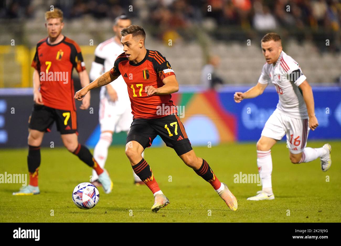 Belgium's Leandro Trossard (centre) in action during the UEFA Nations League Group D Match at King Baudouin Stadium, Brussels. Picture date: Thursday September 22, 2022. Stock Photo