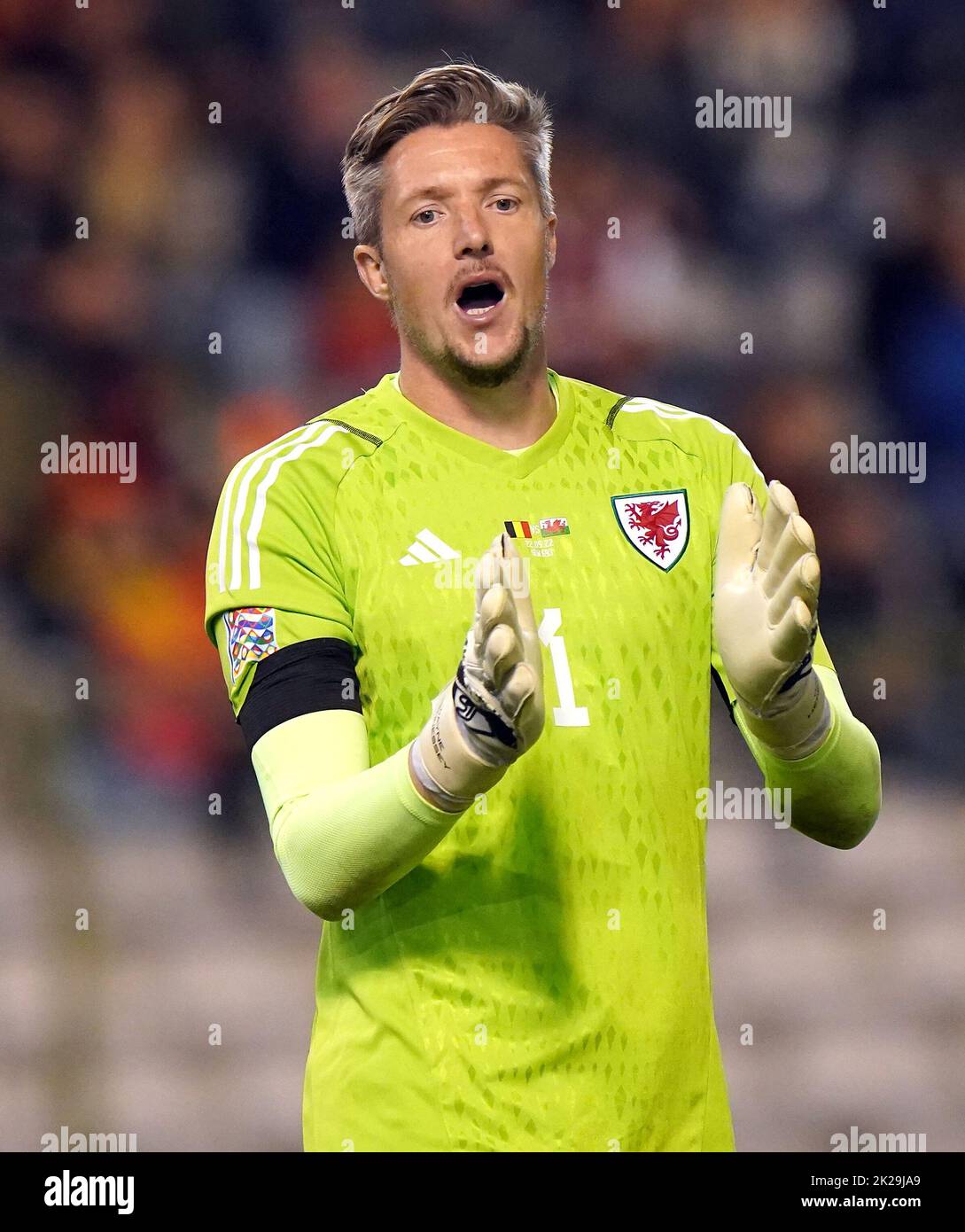 Wales goalkeepr Wayne Hennessey instructs his team-mates during the UEFA Nations League Group D Match at King Baudouin Stadium, Brussels. Picture date: Thursday September 22, 2022. Stock Photo