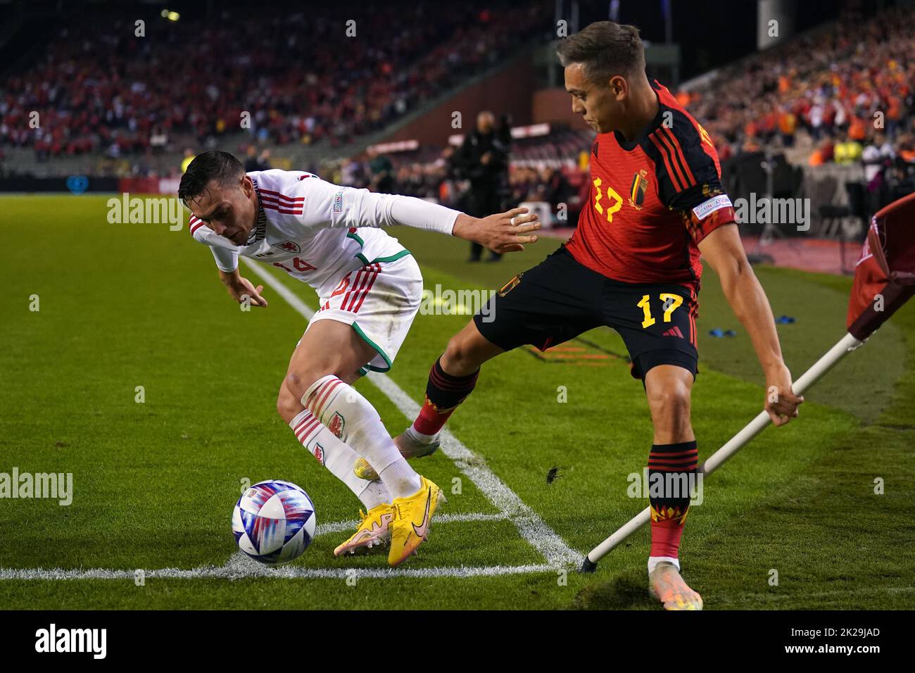 Wales' Connor Roberts (left) and Belgium's Leandro Trossard battle for the ball during the UEFA Nations League Group D Match at King Baudouin Stadium, Brussels. Picture date: Thursday September 22, 2022. Stock Photo