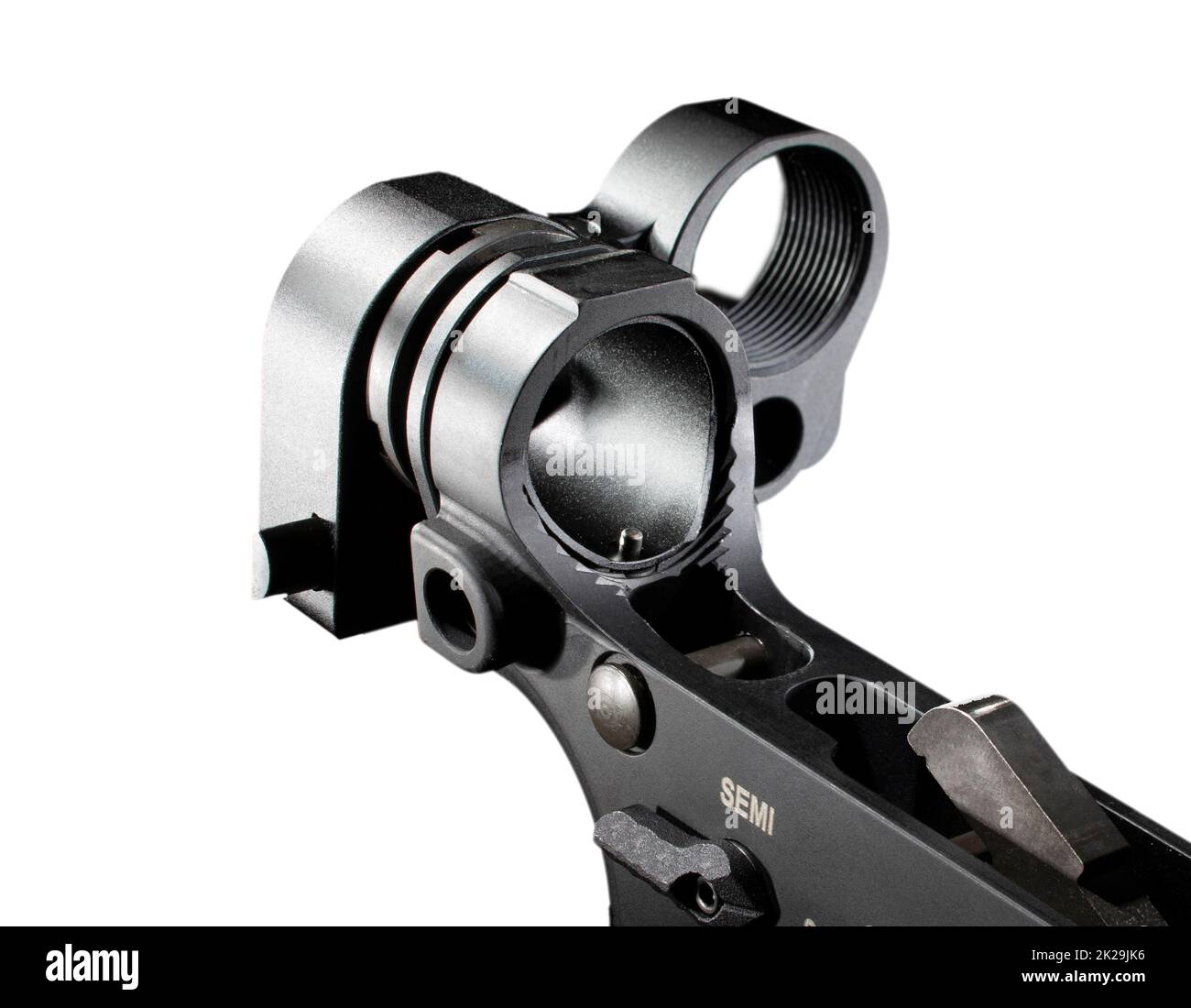 Folding stock hinge on an AR15 lower receiver with a white background