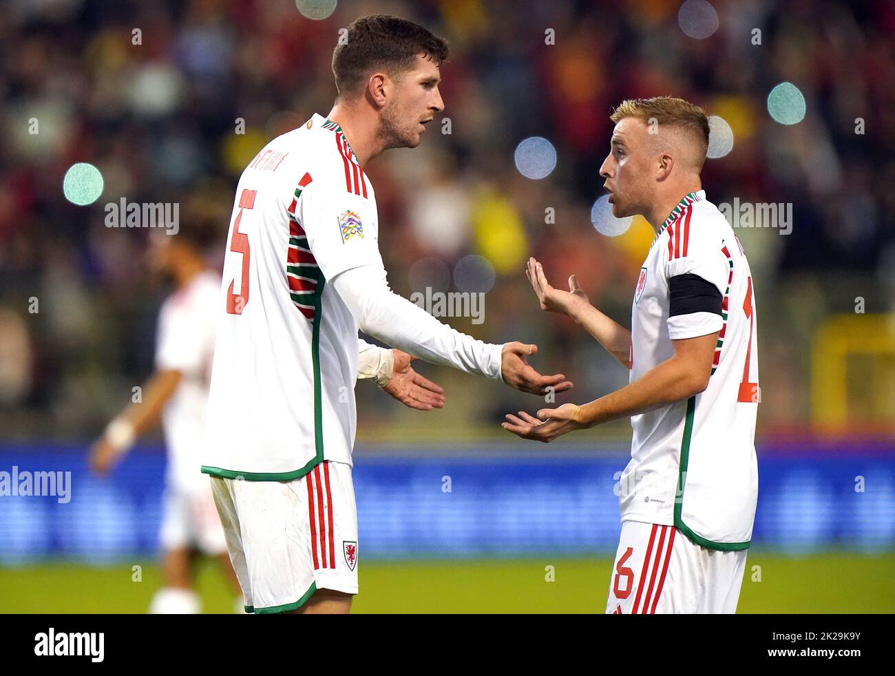Wales' Chris Mepham (left) and Wales' Joe Morrell in discussion after defeat at full time in the UEFA Nations League Group D Match at King Baudouin Stadium, Brussels. Picture date: Thursday September 22, 2022. Stock Photo
