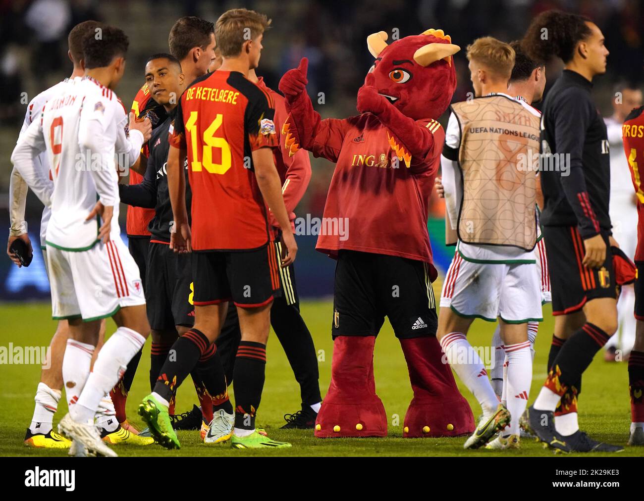 Red, the official mascot of the Belgium team, celebrates with Belgium's Charles De Ketelaere after the final whistle during the UEFA Nations League Group D Match at King Baudouin Stadium, Brussels. Picture date: Thursday September 22, 2022. Stock Photo