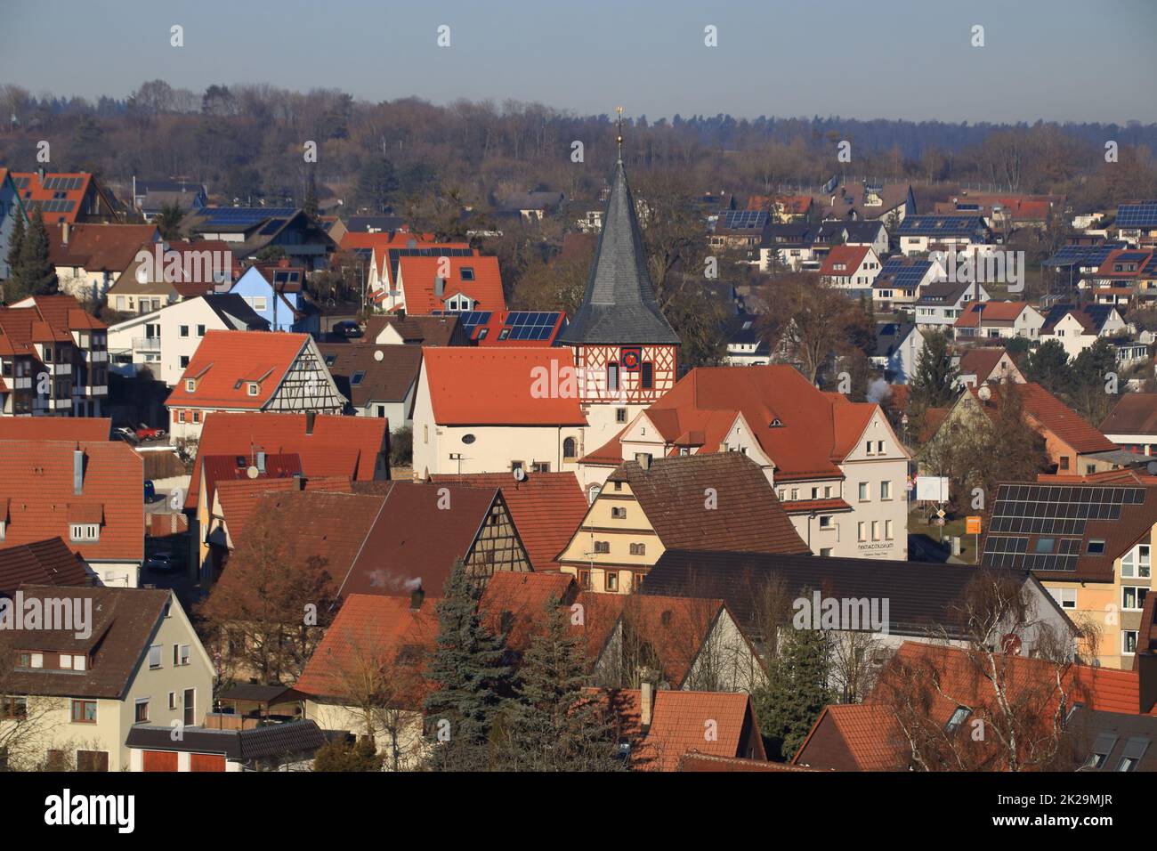 View of the town of Flacht near Weissach Stock Photo
