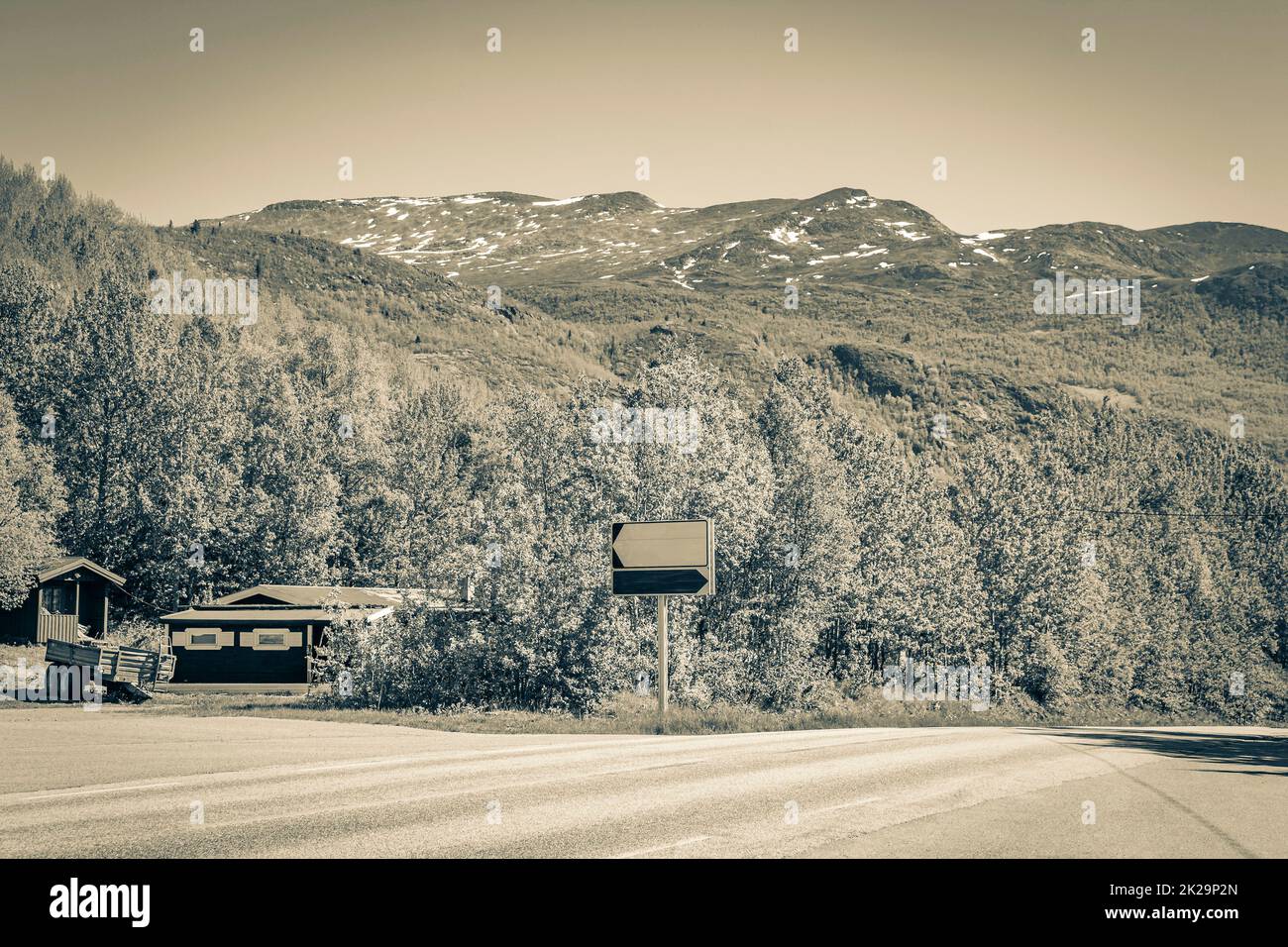 Blank empty road signs for hiking trails Hemsedal Norway. Stock Photo