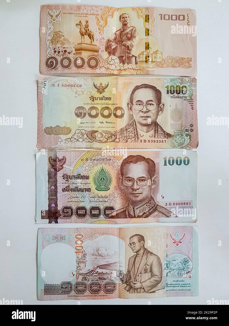 Thai money banknotes 4000 Thai Baht on white background. Stock Photo