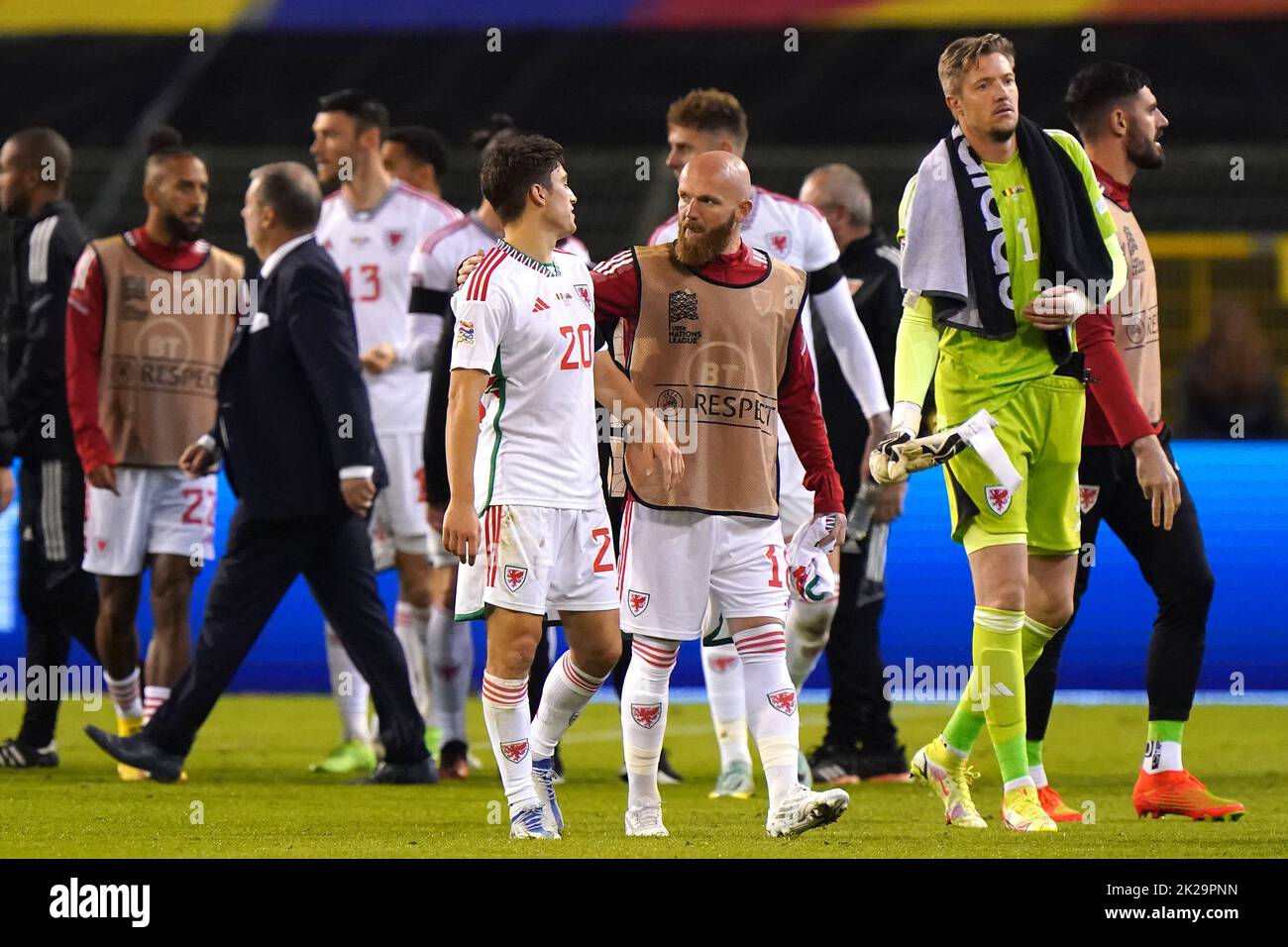 Wales' Daniel James (left) and Jonny Williams in discussion after the final whistle in during the UEFA Nations League Group D Match at King Baudouin Stadium, Brussels. Picture date: Thursday September 22, 2022. Stock Photo