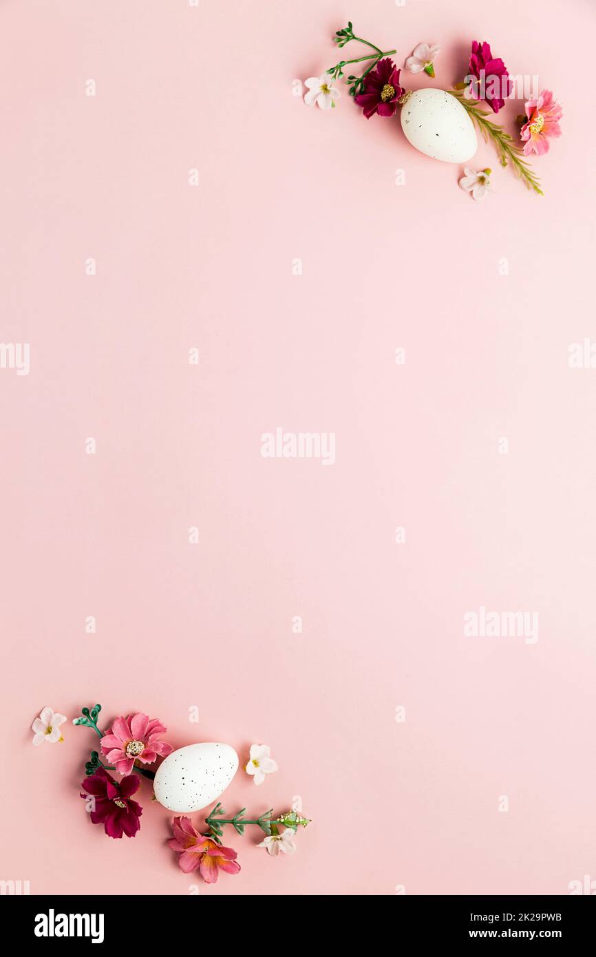Easter holiday mockup background. Top view from above to Easter eggs with frame Stock Photo