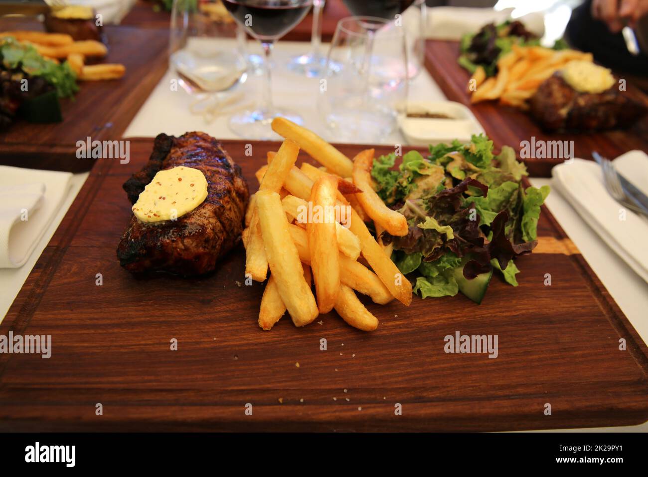 Sirloin Steak with Chips and Lettuce. South Africa Stock Photo