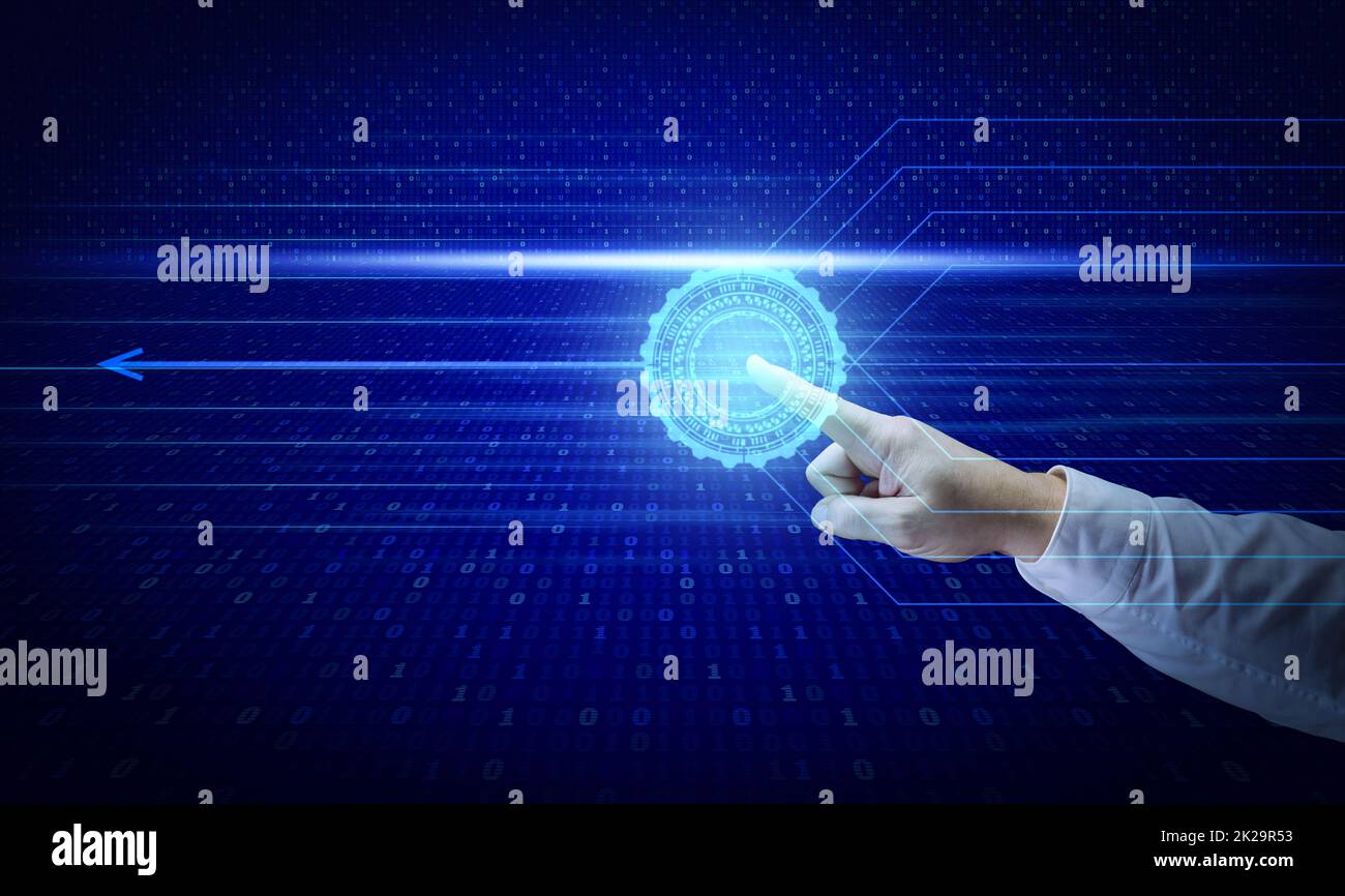 male hand on the background of binary code. Data protection concept, programming Stock Photo