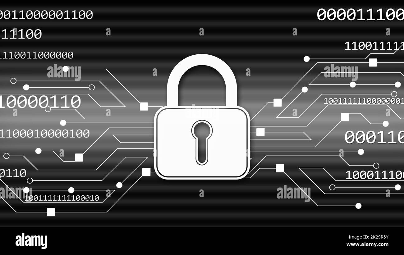 Security technology concept - padlock binary code information connecting lines Stock Photo