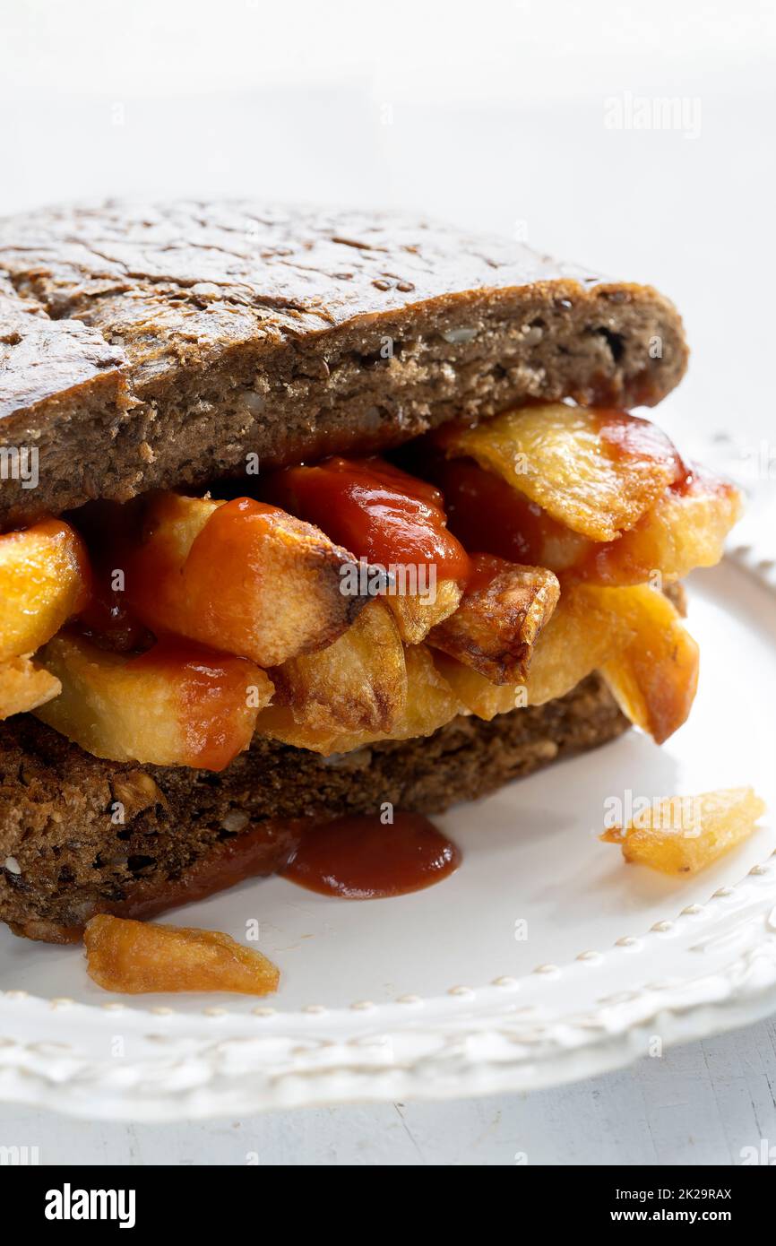 traditional british chip butty sandwich Stock Photo