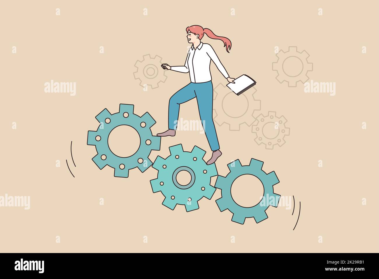 Motivated businesswoman move up career gear mechanism Stock Photo