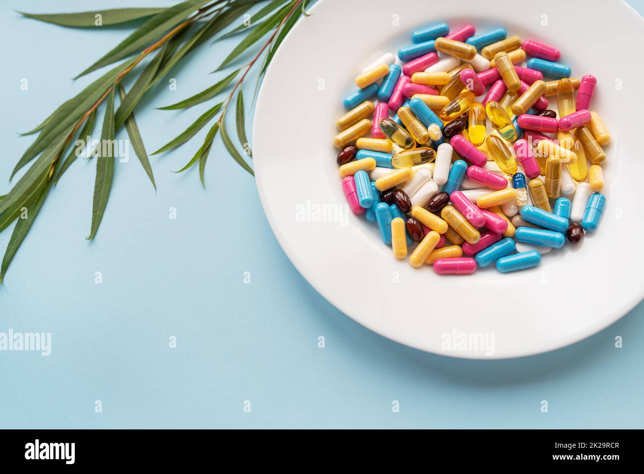 White plate with pills of nutritional supplements in different bright colors. Blue background, place for an inscription. Green branch on the background. Stock Photo