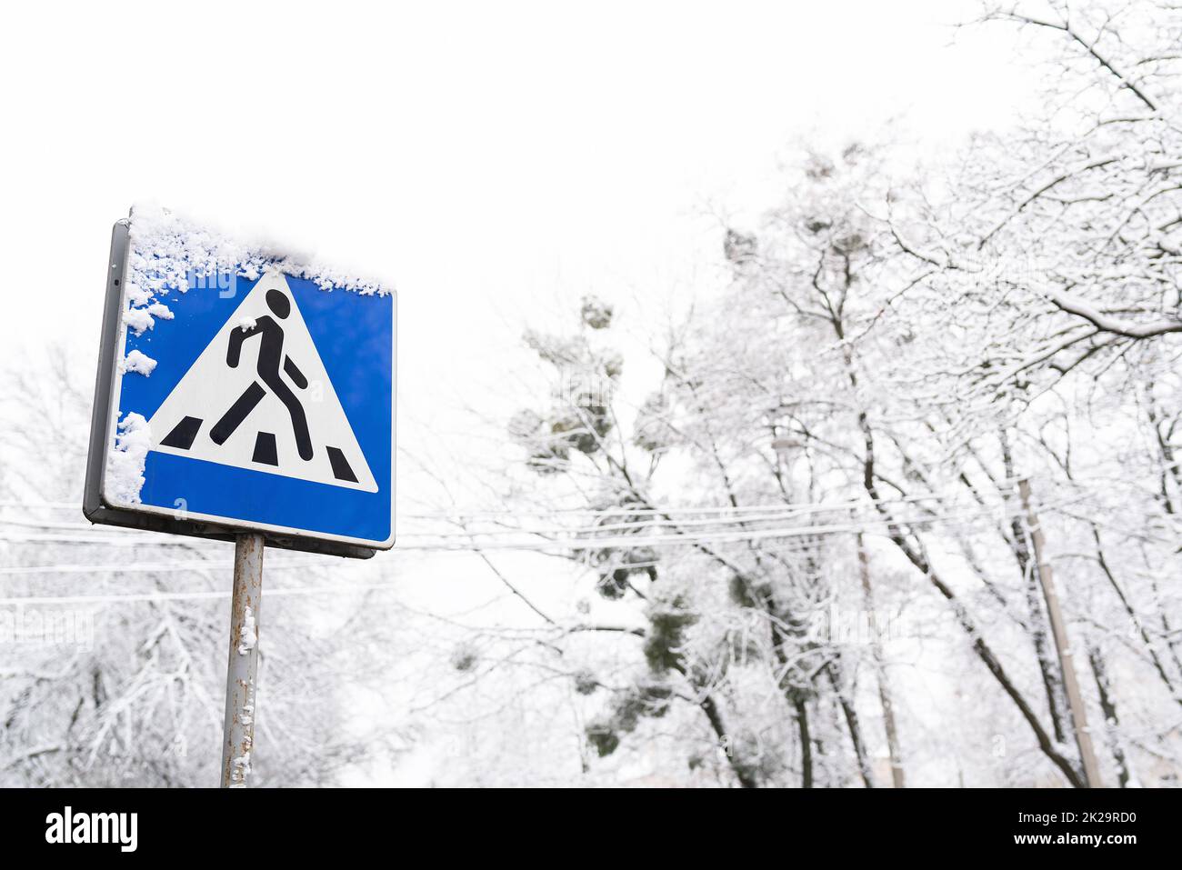 Frozen pedestrian sign covered in snow on a frosty snowy day. Stock Photo