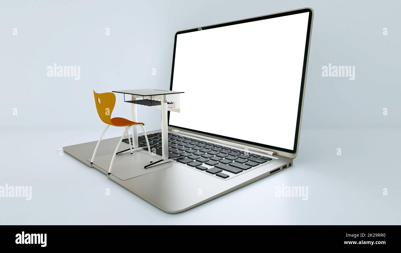 Digital classroom concept for online education. modern classroom desk on the laptops keyboard. 3D rendering Stock Photo
