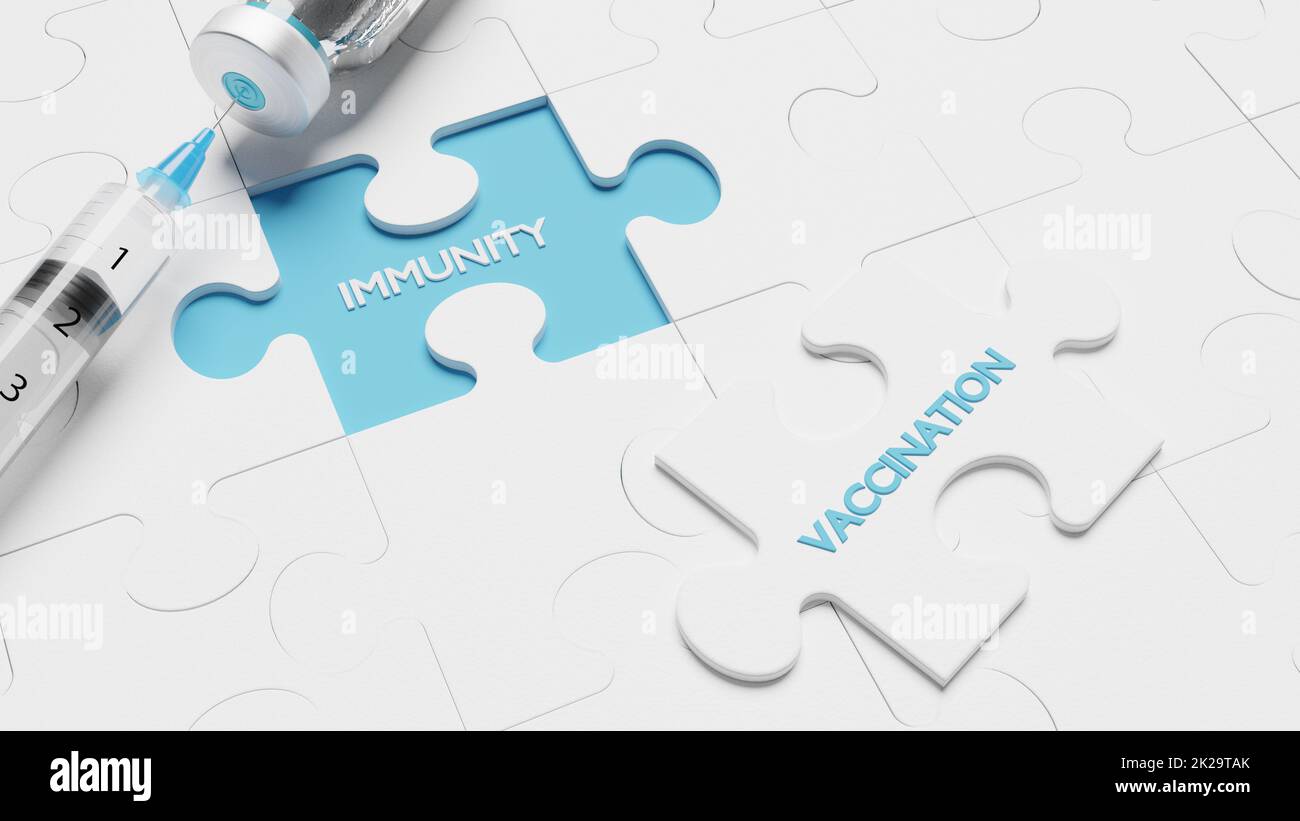 Vaccination puzzle with medical syringe. 3D Rendering Stock Photo Alamy