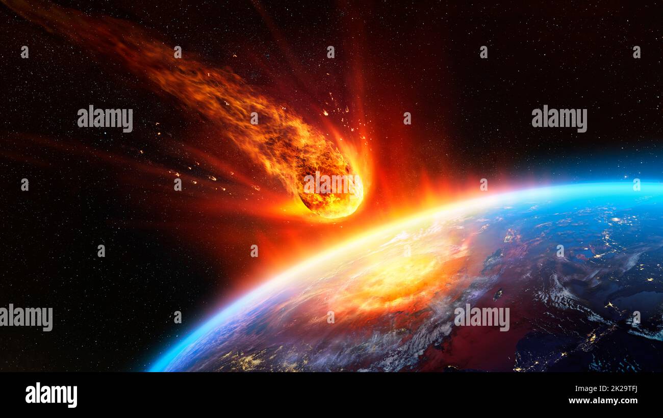 Meteor Impact On Earth - Fired Asteroid In Collision With Planet - Contain 3d Rendering - elements of this image furnished by NASA Stock Photo