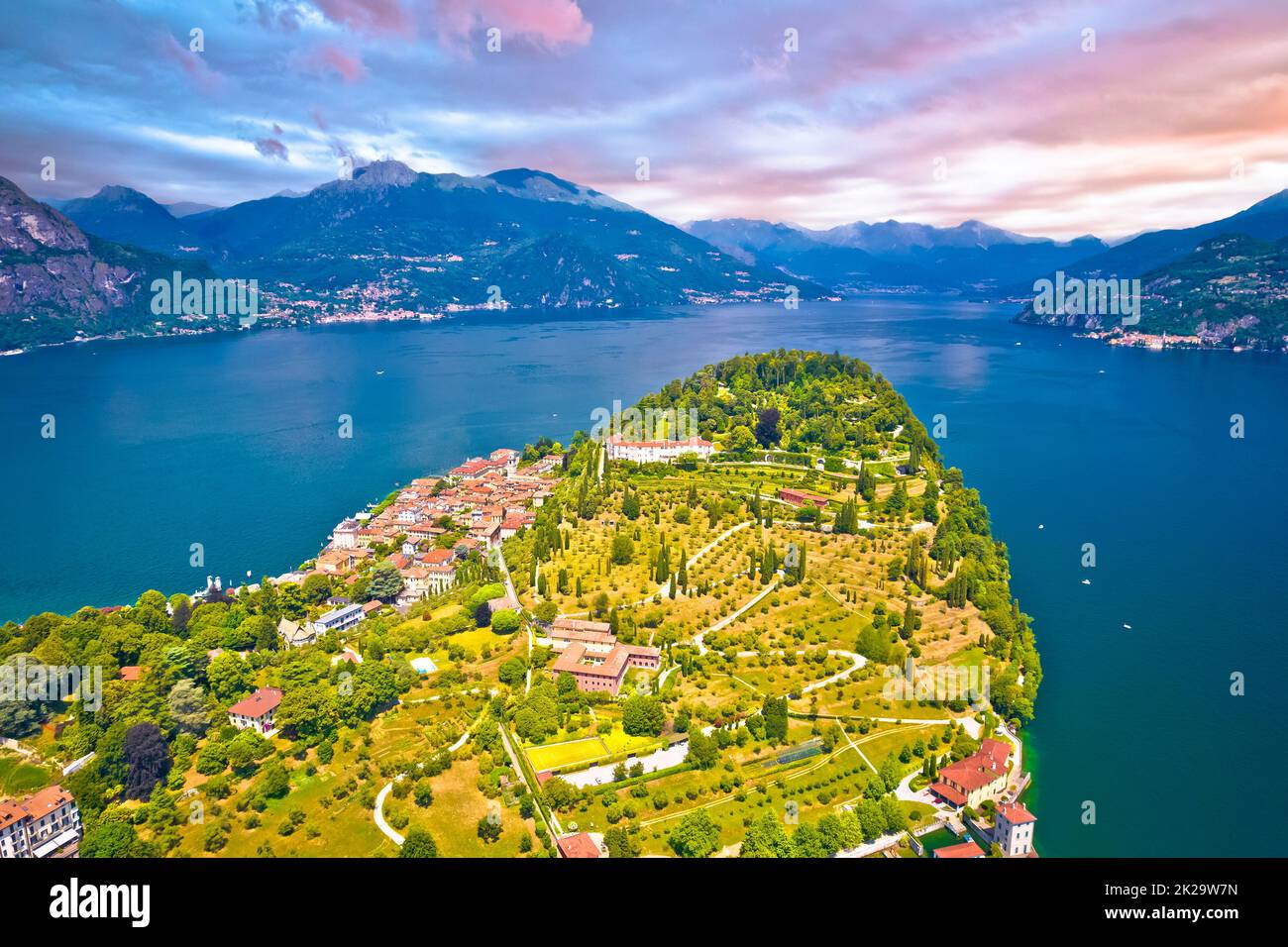 Town of Belaggio on Como Lake aerial landscape view Stock Photo