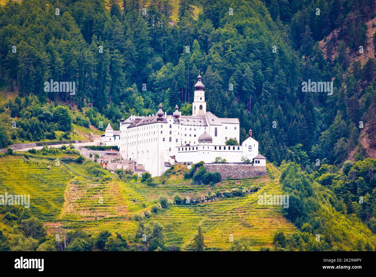 Abbey of Monte Maria in Alpine village of Burgeis view Stock Photo