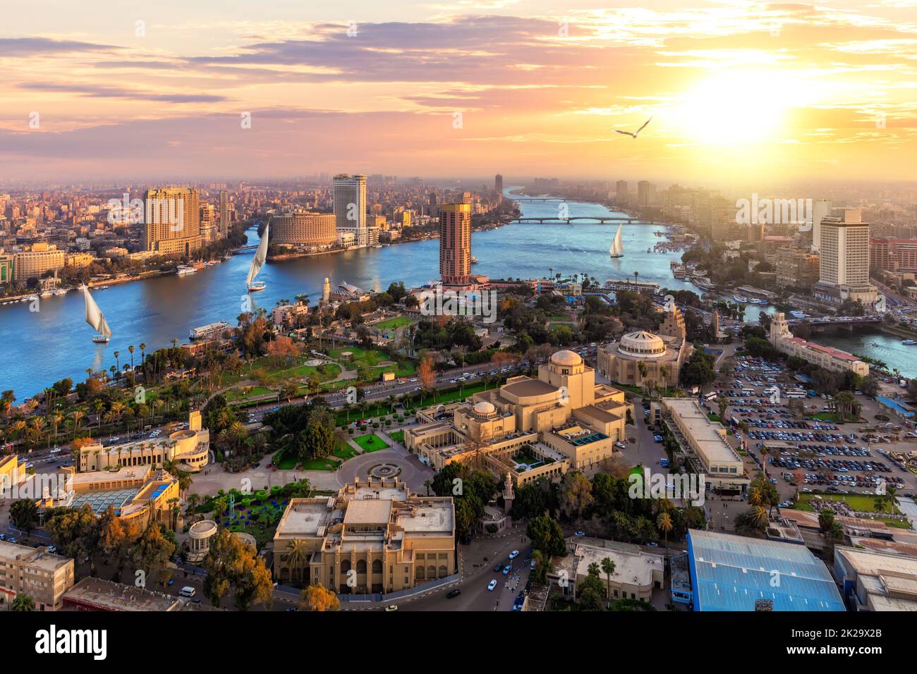 Aerial view on the downtown of Cairo and the Nile at sunset, Egypt ...