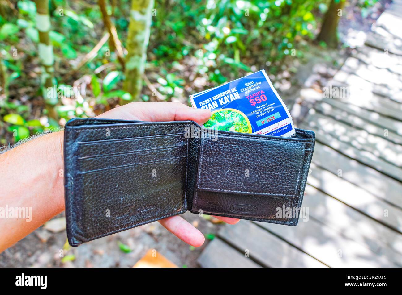 Wallet with entrance ticket to Sian Kaan National Park Mexico. Stock Photo