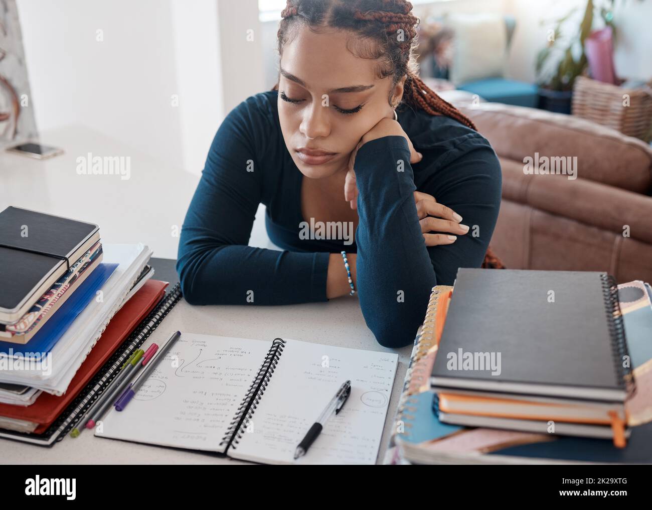 Study, home and sleep for student with books, textbook and notebook for ...