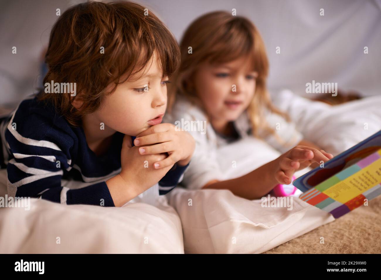 Fairytales under the fort. two adorable siblings using torches to read a book inside their blanket fort. Stock Photo