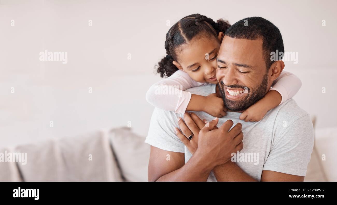 Kid hugging dad in lounge for happy fathers day, love and care ...