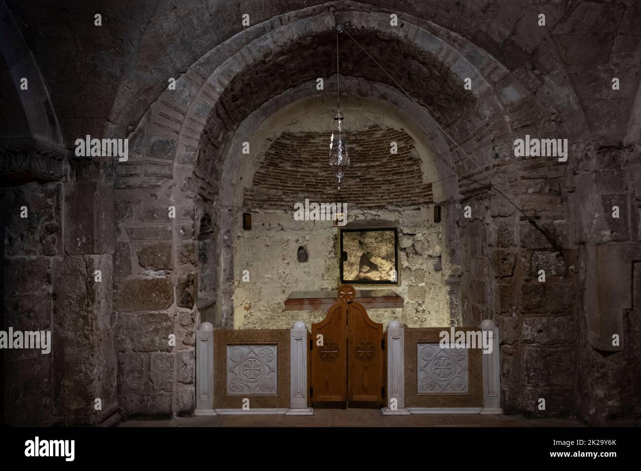 View of the Greek Orthodox Chapel of Adam in the Church of Holy Sepulchre in the Christian quarter Old City East Jerusalem Israel Stock Photo