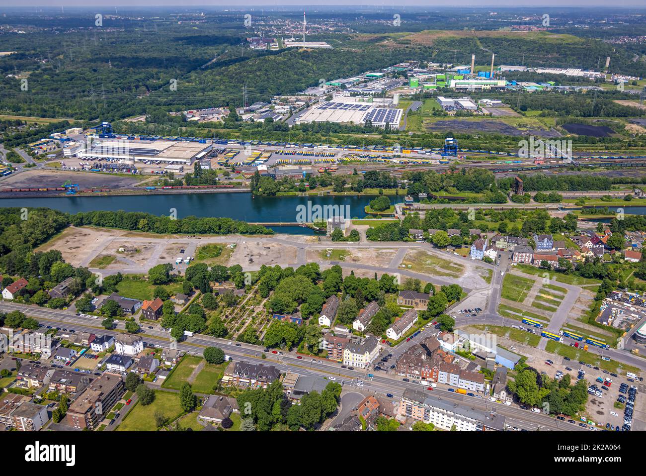 Aerial view, port of Herne with area of former coal mine Unser Fritz Schacht 5, Rhein-Herne-Kanal, Unser Fritz, Herne, Ruhrgebiet, Nordrhein-Westfalen Stock Photo