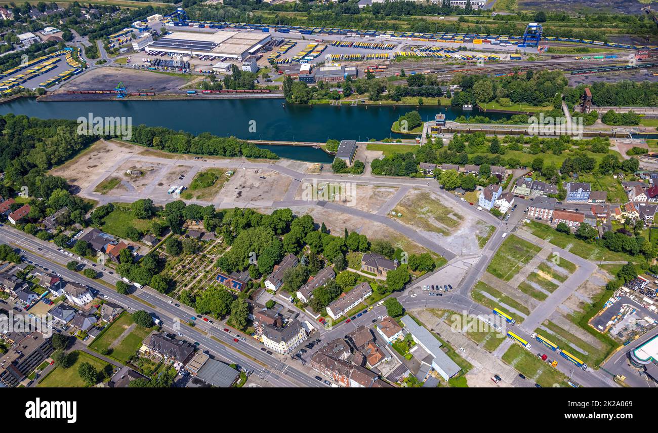 Aerial view, port of Herne with area of former coal mine Unser Fritz Schacht 5, Rhein-Herne-Kanal, Unser Fritz, Herne, Ruhrgebiet, Nordrhein-Westfalen Stock Photo