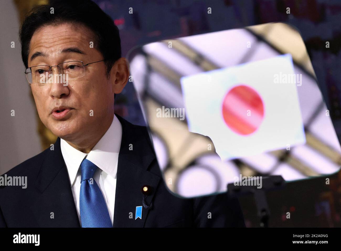 Japanese Prime Minister Fumio Kishida speaks during a news conference at the New York Stock Exchange (NYSE) on the sidelines of the 77th Session of the United Nations General Assembly in New York, U.S., September 22, 2022. REUTERS/Brendan McDermid Stock Photo