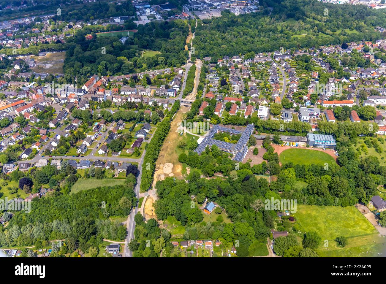 Aerial view, construction site with construction road next to
