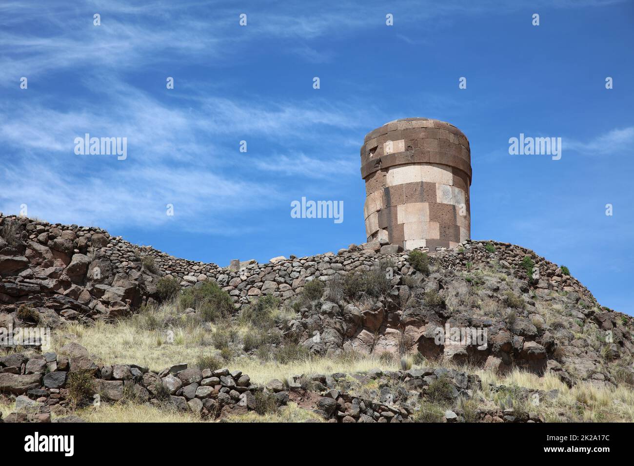 Burial Towers, Chullpas, at the archaelogical Site of Sillustani. Puno Region. Peru Stock Photo