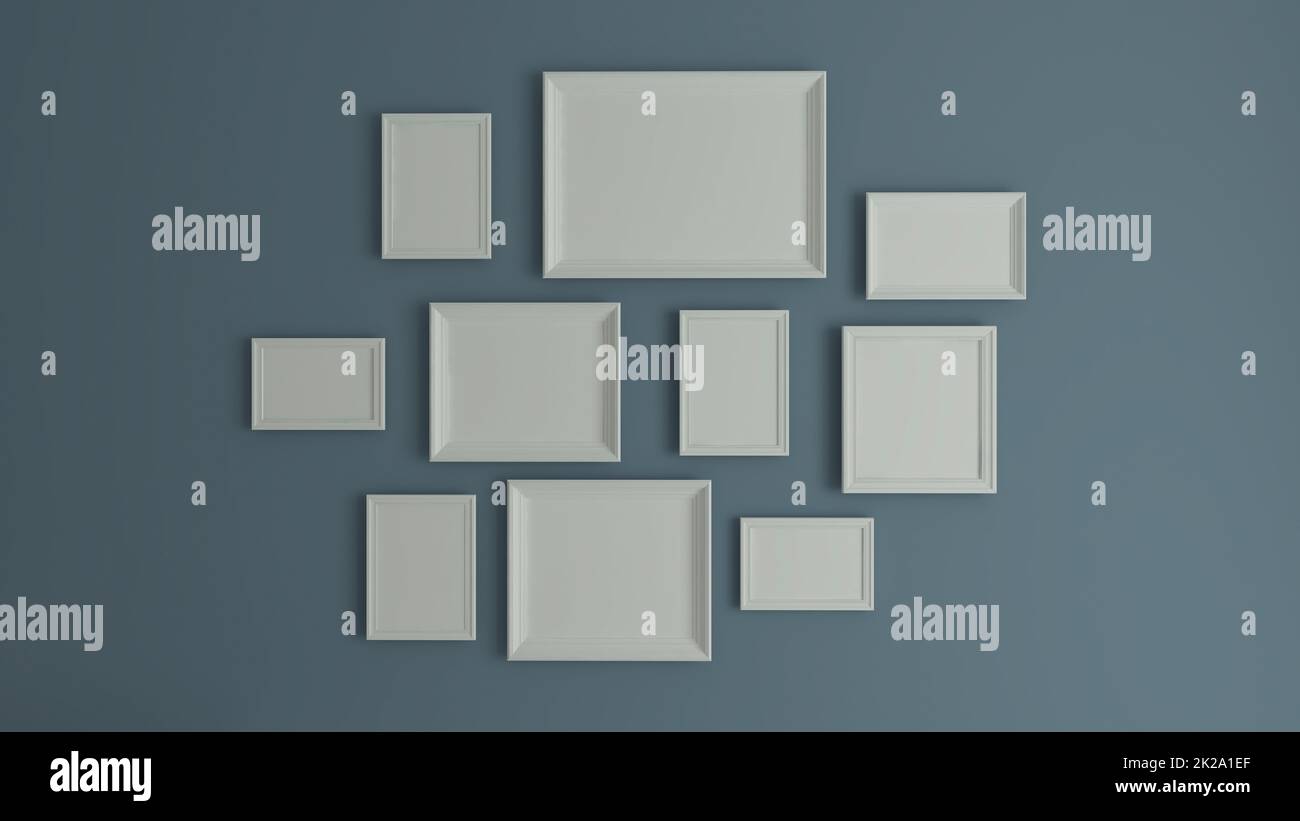 horizontal and vertical collage photo or picture art with blue wall realistic 3D rendering Stock