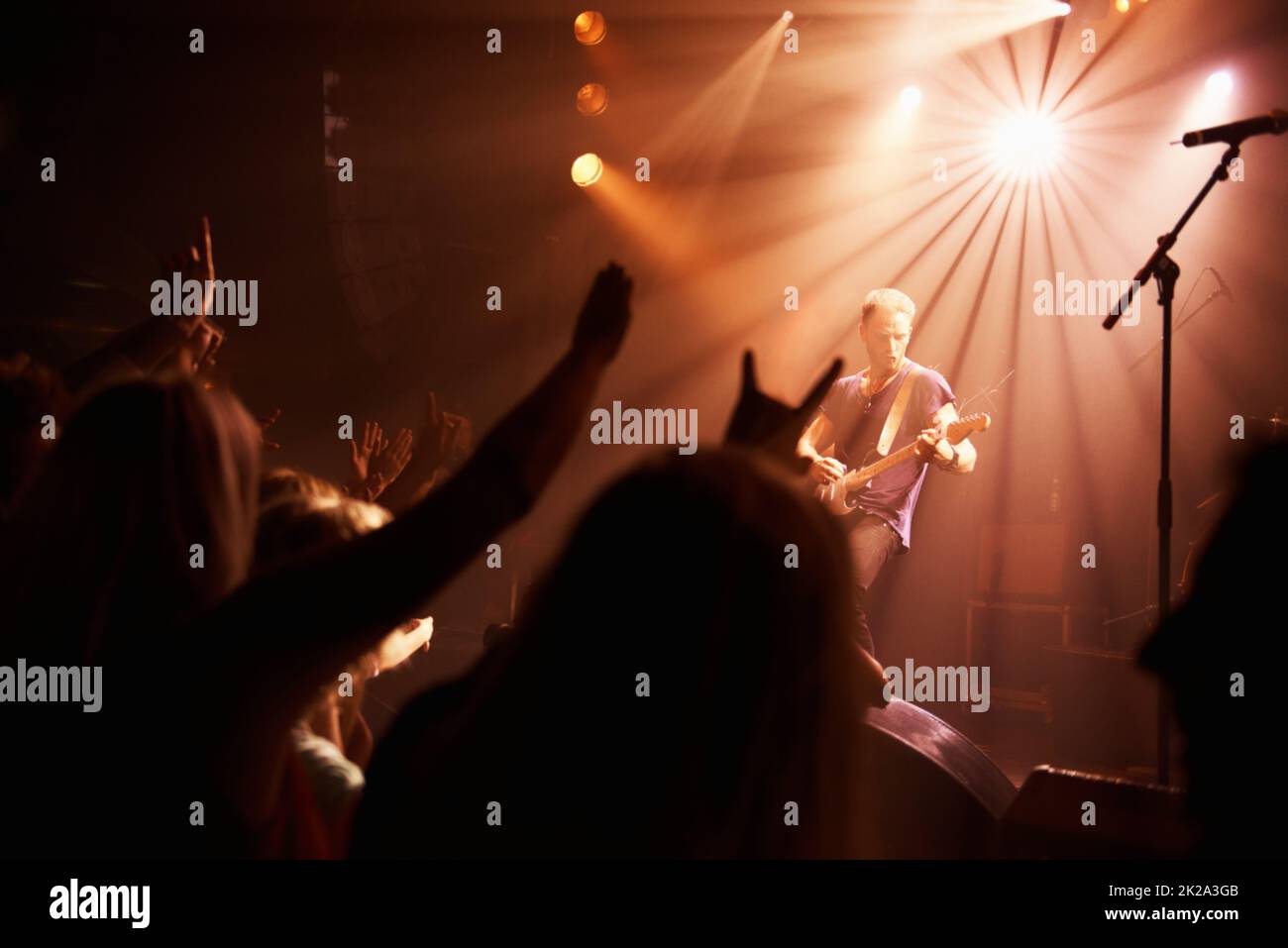 Rear view of an excited crowd cheering their favourite band on beneath the strobe lights at a festival. This concert was created for the sole purpose of this photo shoot, featuring 300 models and 3 live bands. All people in this shoot are model released. Stock Photo