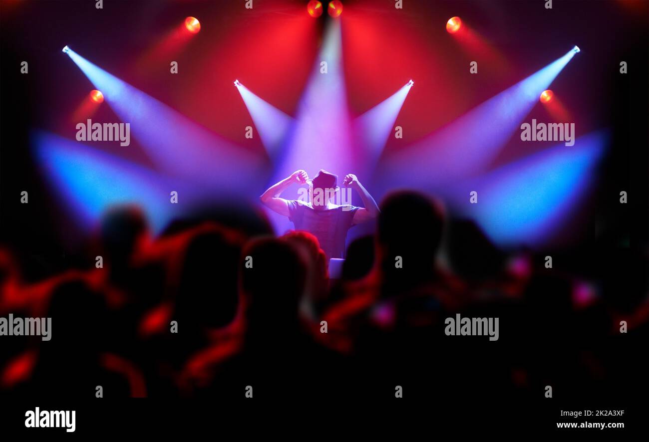 The crowd goes wild. REarview shot of a large group of music fans looking at a musician on stage. Stock Photo