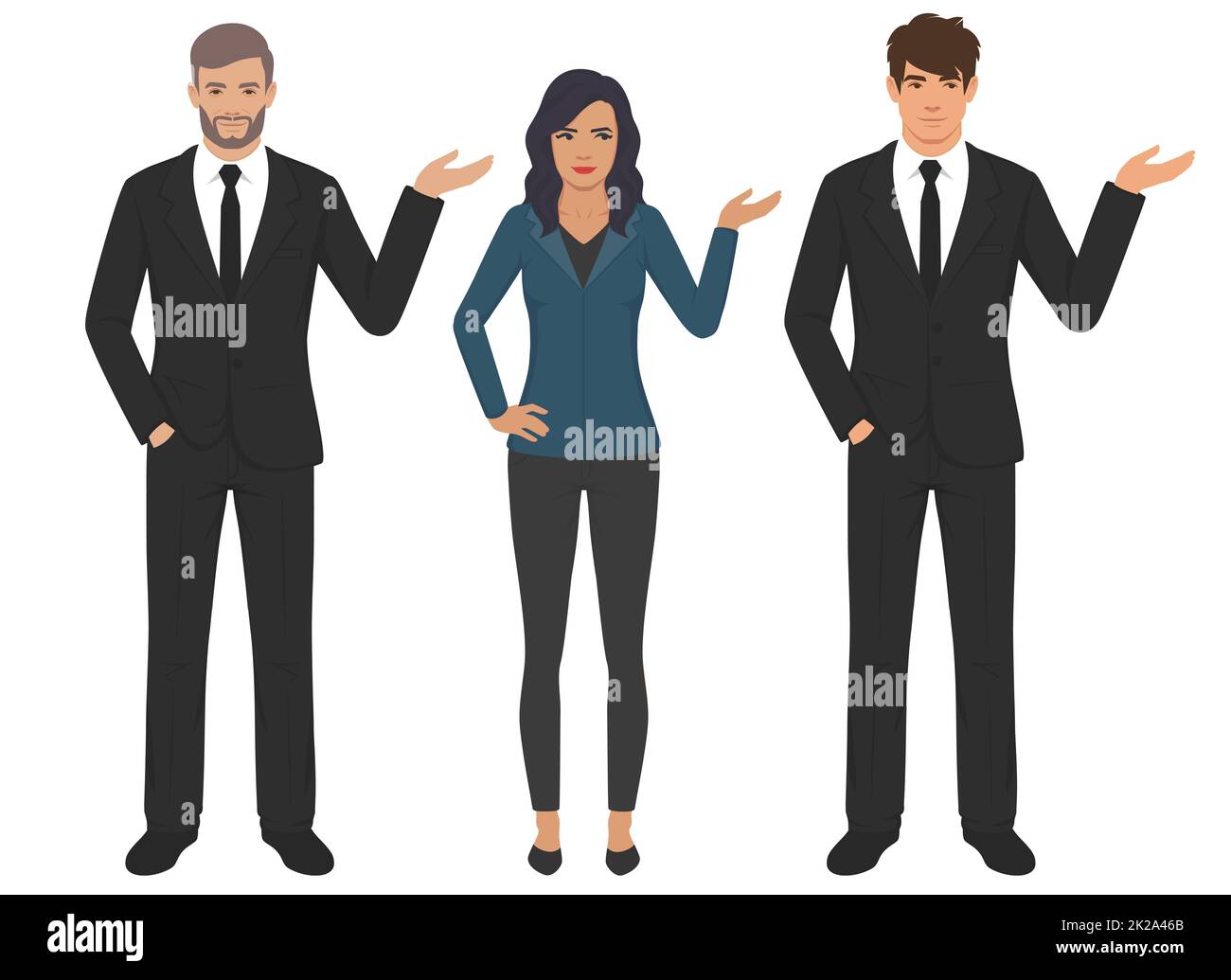 business woman and man in poses set. gestures pointing, showing, standing, isolated vector illustration Stock Photo