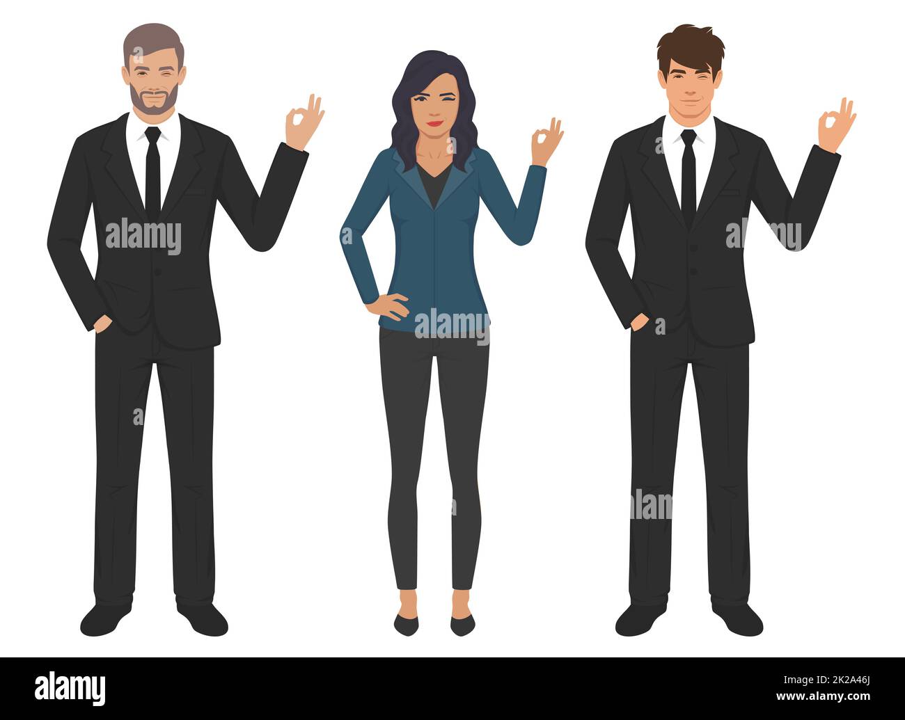 Handsome business man and woman in casual clothes gesturing ok sign isolated vector illustration Stock Photo