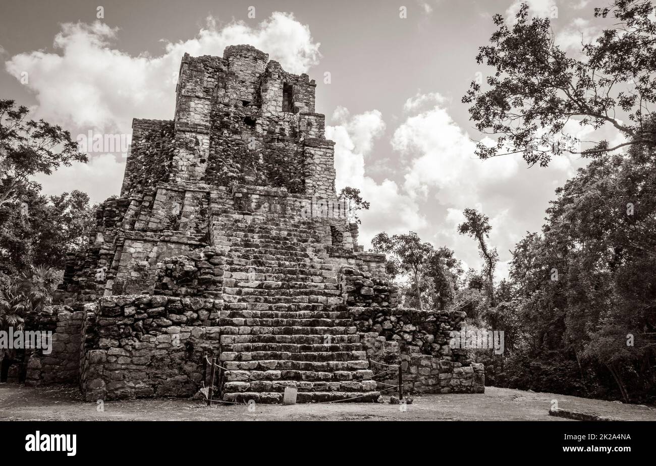Ancient Mayan site with temple ruins pyramids artifacts Muyil Mexico. Stock Photo